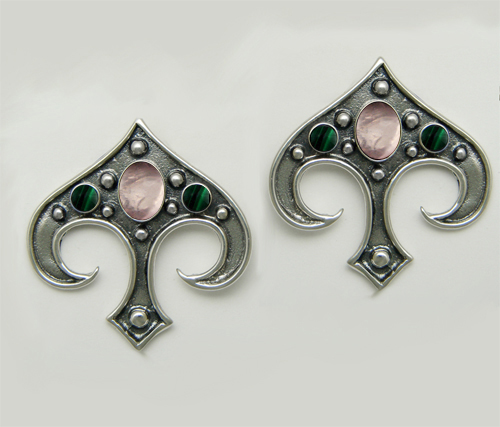 Sterling Silver Gothic Inspired Drop Dangle Earrings With Rose Quartz And Malachite